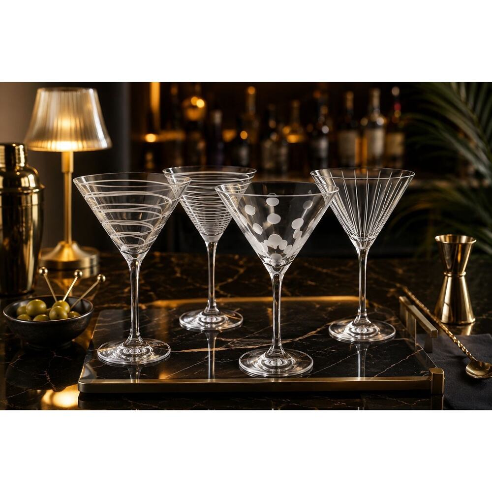 Mikasa "Cheers" Martini Glasses Set 4 Etched Crystal Dots Swirl Lines Rings 10oz